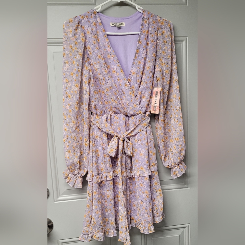 Inspired hearts Floral  women's dress size S long sleeves lilac elastic waist